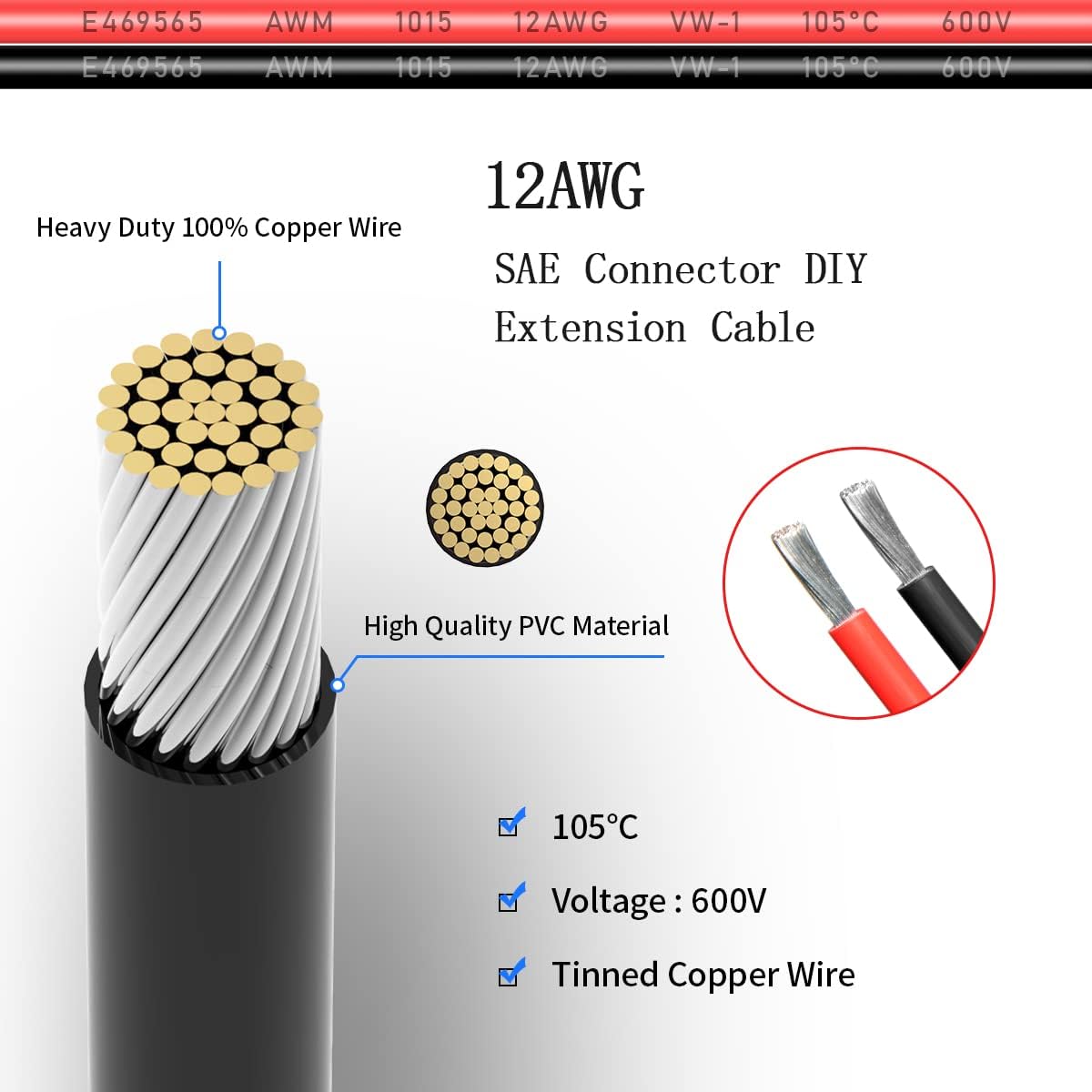 SAE Pigtail Extension Cable with Fuse and Top Protector