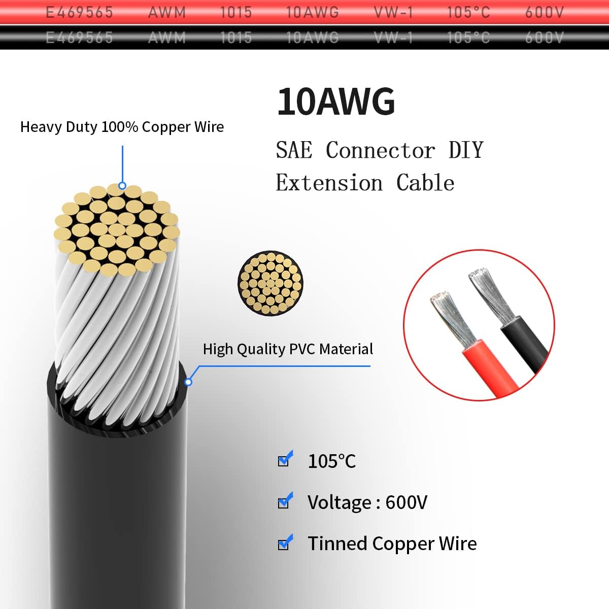 SAE Pigtail Extension Cable with Fuse and Top Protector