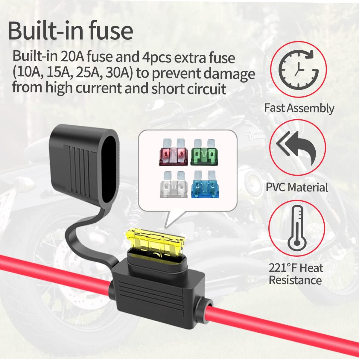 SAE Pigtail Extension Cable with Fuse and Top Protector