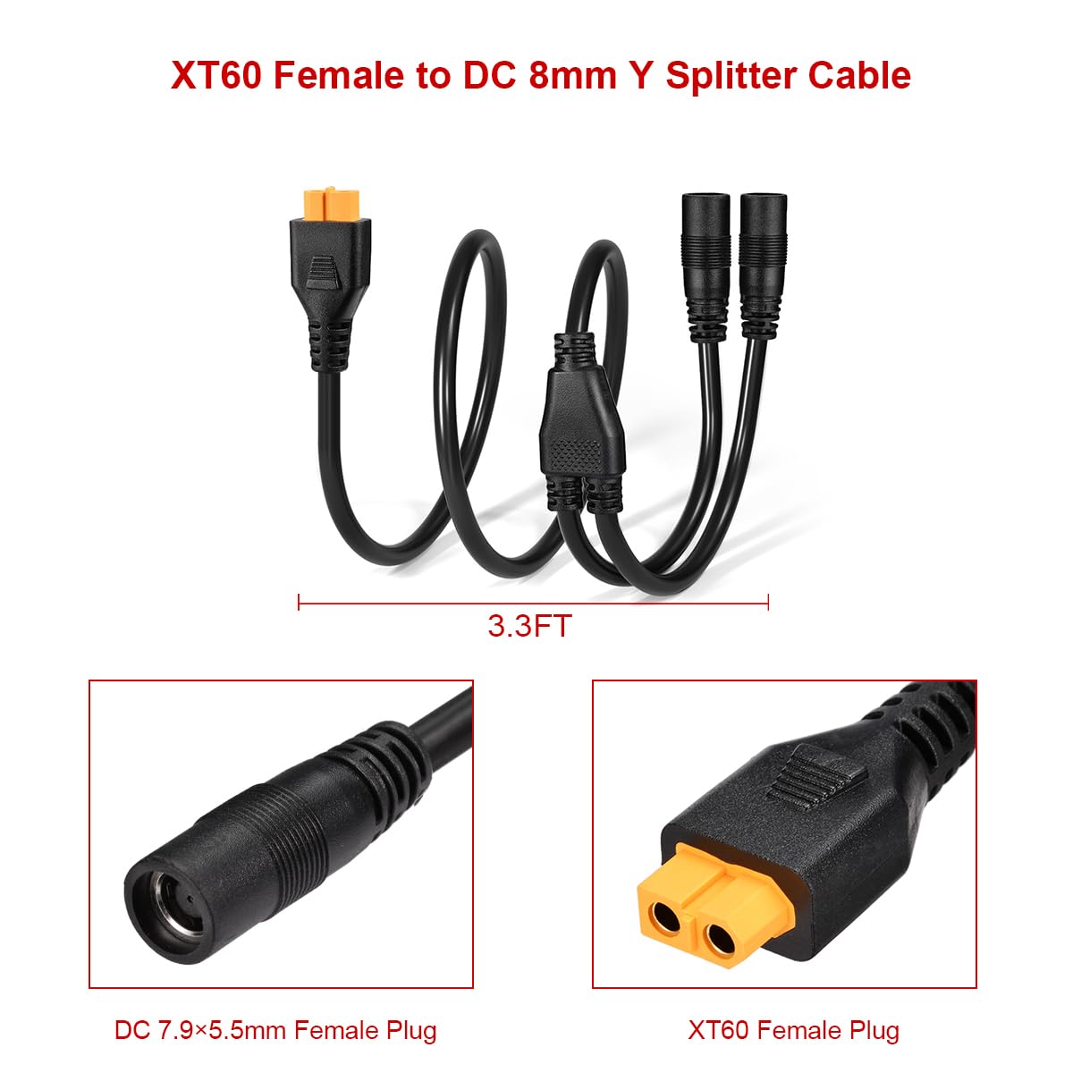 XT60 Female to 8mm DC Female Y Splitter Extension Cable New